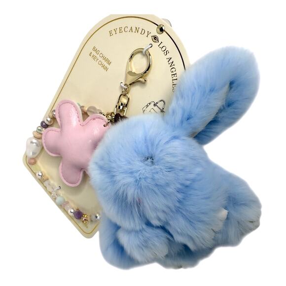Eyecandy Fluffy Bunny Bag Charm Flower Beaded Bracelet Key Clip Blue Faux Fur - Picture 3 of 8